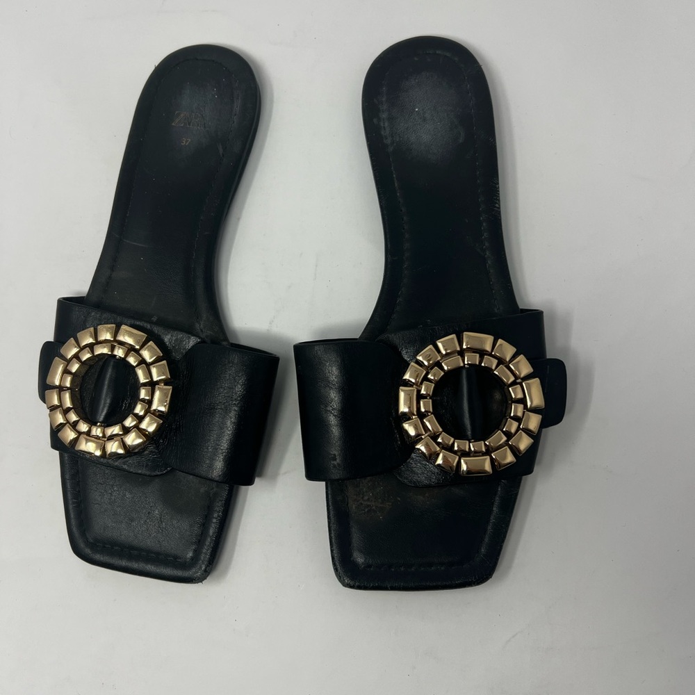 Zara Black and Gold Sandals with Decorative Ornament